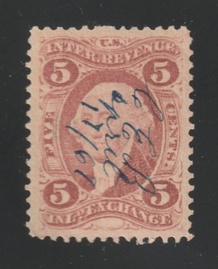 Scott # R27c, Used, VF-XF, 5¢ Inland Exchange, Blue Manuscript Cancel - Image 1 of 2