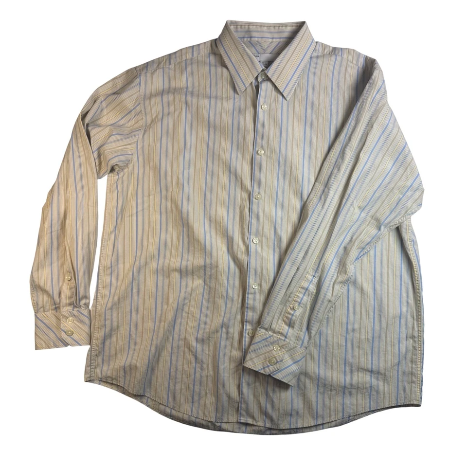 Camisa social masculina Perry Ellis 17 1/2 34/35 listrada manga longa com botões - Imagem 1 de 4