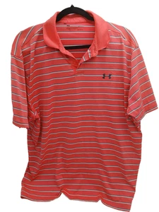 Under Armour Polo Shirt Mens Sz L Striped Loose Heat Gear Orng/Blue Striped Golf - Picture 1 of 3