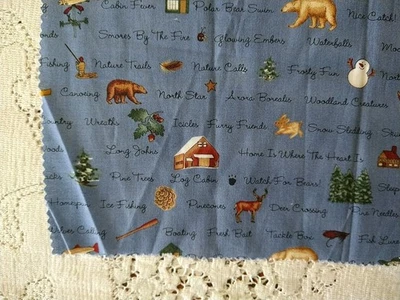 REMNANTS Snowy Creek Thistle Creek Quilt Fabric Camping Fishing Outdoors Words - Image 1 of 4