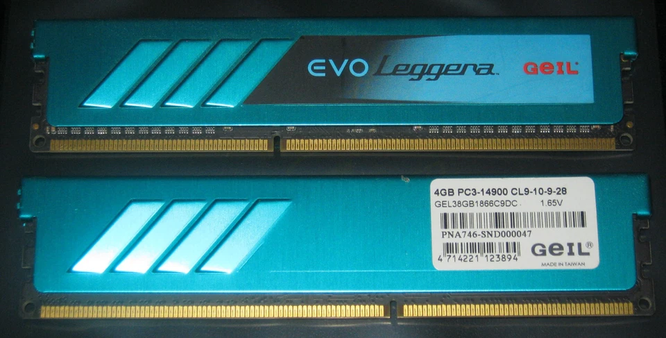 8GB KIT GEIL EVO LeggerA DDR3 RAM 1866MHz PC3-14900U DIMM 240-pol CL9 2x4GB 1Rx8 - Bild 1 von 1