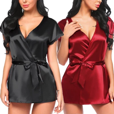 Sexy Lingerie Women's Satin Kimono Robe Lace Trim Robes Dress Sleepwear Nightie - Image 1 of 4