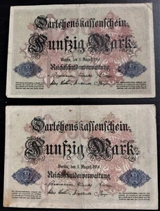 2 REAL WW II NOTES 1914 BERLIN GERMANY 50 Mark 6 & 7 Digits #754084 & #5425370 - Picture 1 of 2