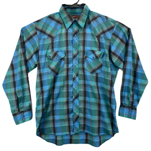 Vtg Rustler Mens Size 16.5 34/35 Blue Plaid Western Shirt LS Pearl Snap - Picture 1 of 6