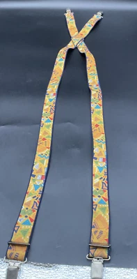 Tirantes elásticos vintage de terciopelo azul con fondo amarillo y patrón geométrico Foto 1 de 4
