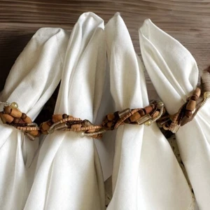 PIER 1 Napkin Rings Set of 4 BOHO Twisted Wire Wood Seed Iridescent Glass Beads - Picture 1 of 5