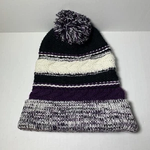 Tan’s Club Cuffed Beanie With Pom Stocking Cap Winter Hat Purple Black & White - Picture 1 of 9