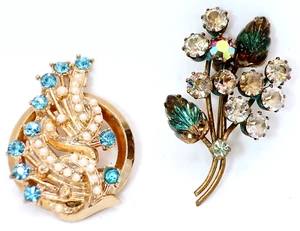2 Vintage Strass Pins Broschen: schöne Blume bunt geformte Blätter - Bild 1 von 9