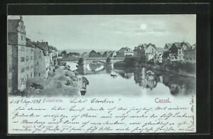 Mondschein-AK Kassel, Fuldabrücke mit Ufer 1898 