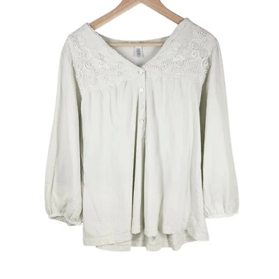 Top de pijama Oscar De La Renta para mujer con ribete de encaje M algodón manga larga verde pálido Foto 1 de 4