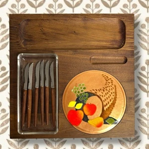 Genuine Walnut Serving Wooden Tray Ernest John 12x12 Copper Cornucopia Fruit MCM - Picture 1 of 9