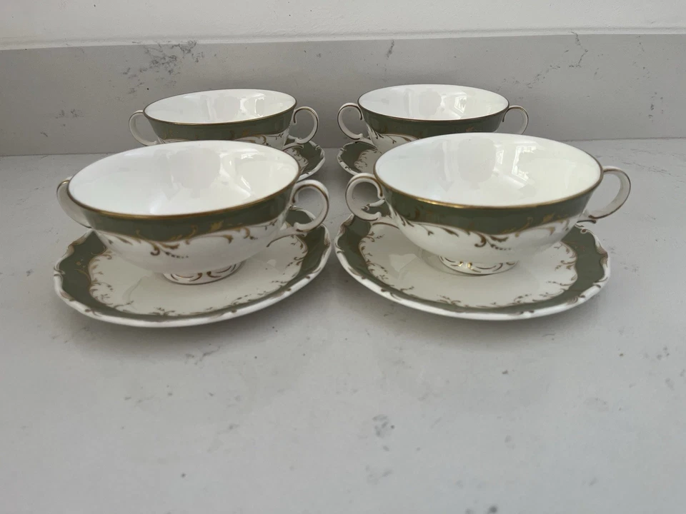 4 X Royal Doulton FONTAINEBLEAU Green Soup Cups Bowls And Saucers Two Handled - Image 1 of 4