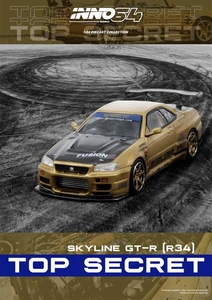 Coche modelo INNO 1:64 TOP SECRET R34 GT-R dorado fundido a presión - Imagen 1 de 3