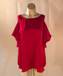 Vintage Y2K Whimsigoth Top L Lippenstift rot Cutout Flatterärmel fließend Satin - Bild 1 von 12