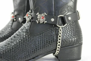 Biker Men Western Women Boots Silver Chains Pair Leather Straps Skulls Pirates - Picture 1 of 12