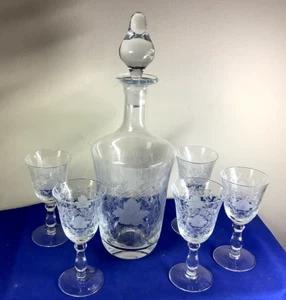 Vintage Set Ätzglas Karaffe & Cordial Gläser Floral Barware Likör 215 - Bild 1 von 14