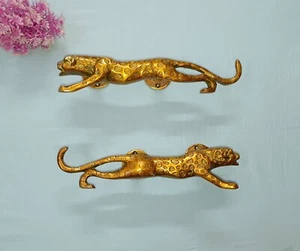 Brass Leopard Animal Door Grab Pull Jaguar Round Base Door Handle Pair DM166 - Picture 1 of 8
