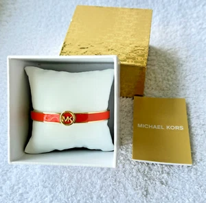 MICHAEL KORS HAUTE GOLD-TONE CORAL RED ENAMEL BANGLE BRACELET MSRP $115.00 NEW - Picture 1 of 14
