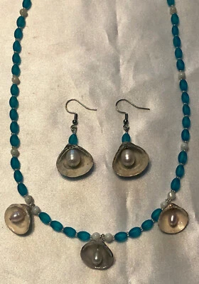 Mermaid Aqua Blue Glass Freshwater Pearl Shell Necklace Earrings Set … - Image 1 of 3