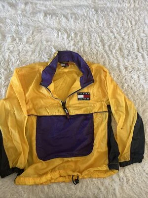 VTG Tommy Hilfiger Half Zip Jacket Hoodie Navy Purple Yellow Windbreaker Size M - Изображение 1 из 4