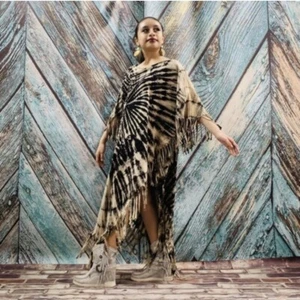 Arlo Hand Tiedye Boho Tie Dye Maxi Festival Tunic Top Fringe Dress Kaftan Poncho - Picture 1 of 10