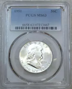 1951 P Franklin Half Dollar PCGS MS63 Frosty White PQ New Holder #N51K - Bild 1 von 4