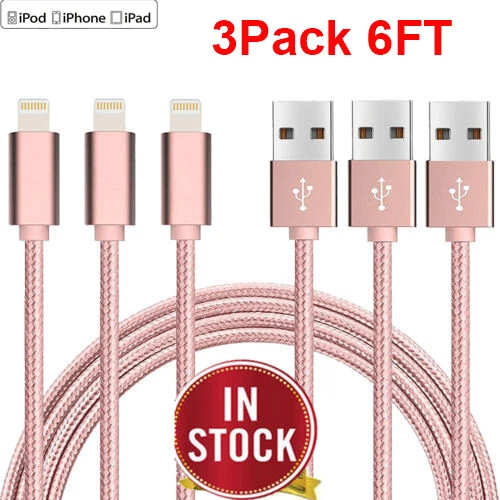 3-Pack 6ft USB Data Cable For i Phone 8 7 6 Plus Charger Charging Cord Sync Pink - Image 1 of 2