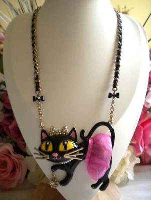 BETSEY JOHNSON LOVELY BIG BLACK CAT WITH PINK TUTU AND CRYSTAL INLAY NECKLACE - Image 1 of 4