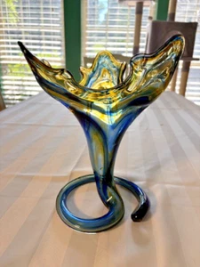 Vintage MCM große mundgeblasene Sooner Stil Swirl Kunst Glas Vase, blau & gelb 10" - Bild 1 von 4