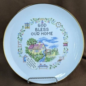 Main Street Studios GOD BLESS OUR HOME Plate Gold Trim Cross Stitch Look - Picture 1 of 5