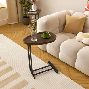 Brown Wood C-Shaped Side Table w/Metal Frame, Ideal for Liveing Room, Bedside - Picture 1 of 10