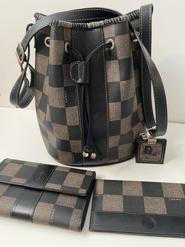 FENDI Autentica Borsa a secchiello vintage con coulisse portafoglio portafogli tela e pelle