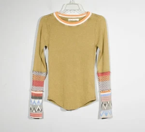 We The Free Olive Thermal Waffle Knit Top Contrast Cuffs Size S - Picture 1 of 5