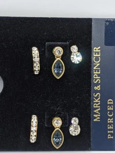 M&S Trio Of Studs, Sparkly Gold Tone Earrings, Diamante Set - Picture 1 of 5
