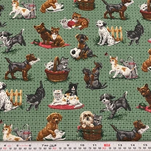 Cranston Dogs & Cats Green Plaid Cotton Fabric by the HALF YARD - Picture 1 of 2