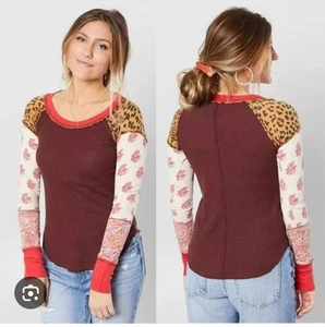 Free People Bright Side Thermal Top Long Sleeve Mixed Media Boho Cozy Size Small - Picture 1 of 11