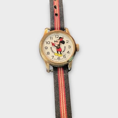 Vintage Bradley Mickey Mouse Watch 1975 Swiss Made Gold Tone Striped Band - Image 1 of 3