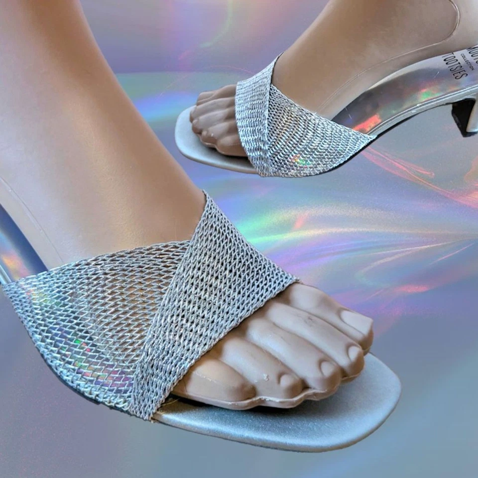 Vintage Silver Mules 90s Mootsies Tootsie Sandals Holographic Formal Rainbow 8 - Image 1 of 4