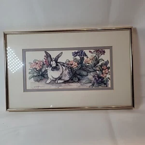 Jodi Jensen Bunny in Flowers 1995 Spotted Rabbit Print ~VTG Framed Double Matted - Picture 1 of 6