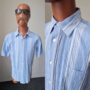 C&A Puckered Stripe SHIRT Sz Large Blue Stretch Cotton Mix Vintage 1990s ZV56 - Picture 1 of 9
