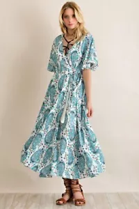 Blue White Paisley ENTRO BOHO Peasant Low Cut Flutter Sleeve Midi Wrap Dress - Picture 1 of 6