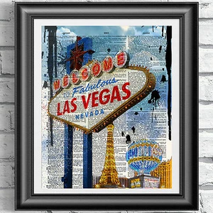 ART PRINT ON ANTIQUE BOOK PAGE Las Vegas Nevada wall decor picture dictionary - Picture 1 of 3