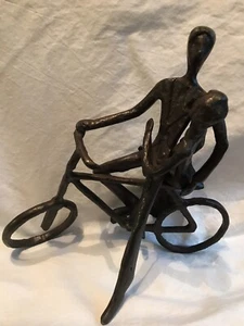 Vintage Brass Sculpture Of Man Riding Bike With Woman Sitting On Back lovers / - Picture 1 of 12