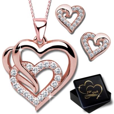 Herz Ohrringe Halskette mit Anhänger 925 Silber Rosegold Damen Frauen Schmuckset - Bild 1 von 4
