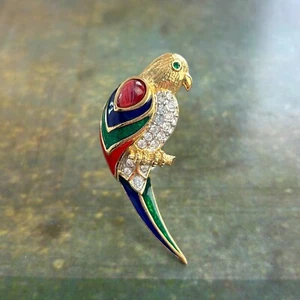 ATTWOOD & SAWYER Vintage Brosche goldfarben Strass Emaille Papagei Vogel signiert - Bild 1 von 10