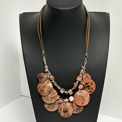 Beach Boho Double Leather Strand Copper Colored Shell Discs Beaded Necklace - Image 1 of 4