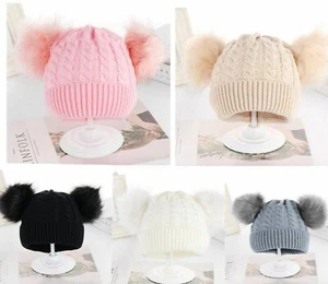 Baby Boys Girls Winter Knitted Hats Kids Cable Knit Beanie Pompom Ears Skull Cap - Picture 1 of 13
