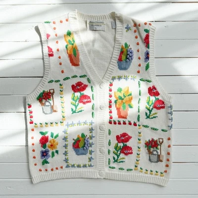 Marisa Christina vtg white floral gardening embroidered sweater vest size L - Image 1 of 4