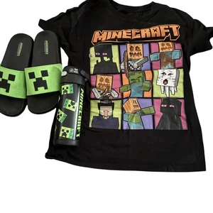 Minecraft Shirt Youth Large Black Creeper Slides XL 5-6 Thermos Water Bottle Set - Picture 1 of 6
