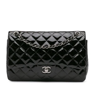 Authenticated Chanel Jumbo Classic Patent Double Flap Black Leather Shoulder Bag - Picture 1 of 12